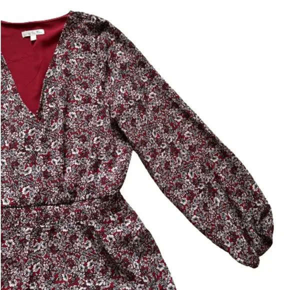 Nine Britton Dress Annika Red Burgundy Floral V-Neck Long Sleeve Tiered Large - Picture 10 of 13